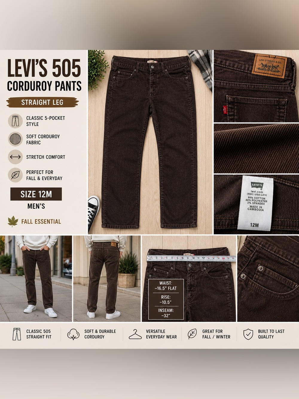 Levi’s 505 Corduroy Pants Brown Straight Leg Stretch Casual Mens 32x30